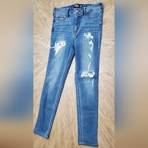 HOLLISTER high rise super skinny distressed with blue sequins JEANS size 1R
